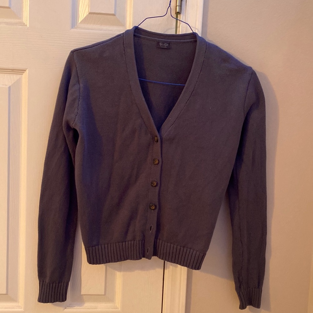 Dusty blue Cardigan; w/ Brown buttons; Never used and in Great shape !